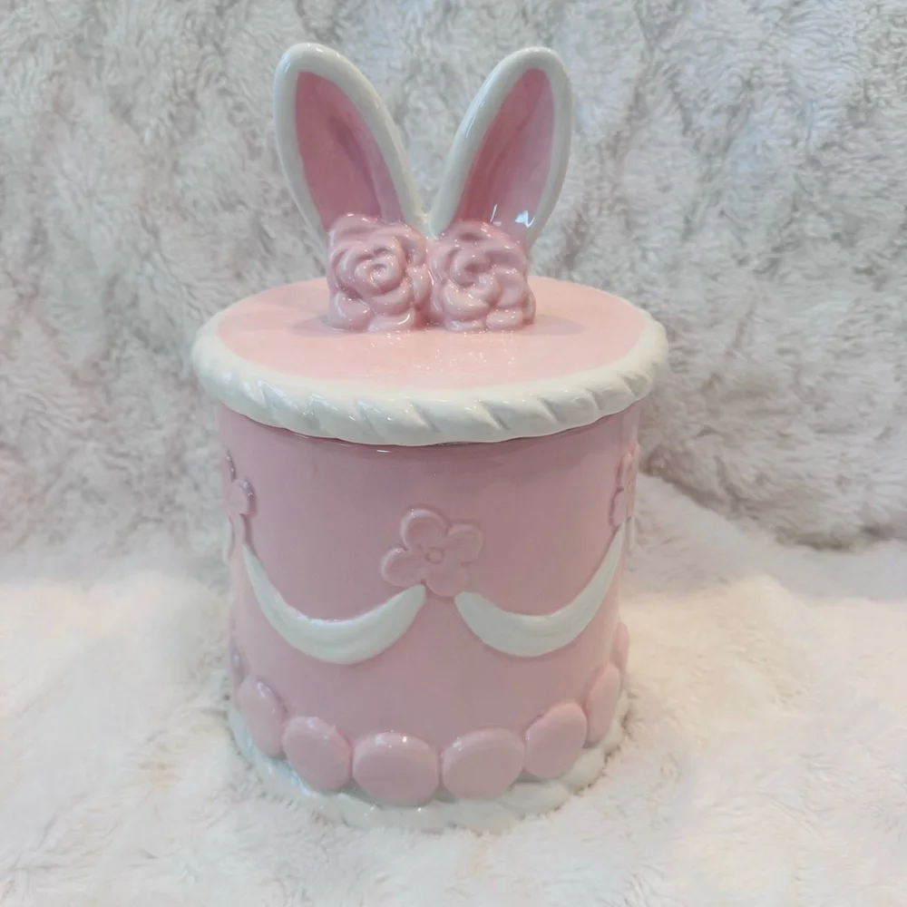 Cookie Jar Easter Cake Shaped Canister Bunny Ears Pink Frosting Ceramic NEW 10”
